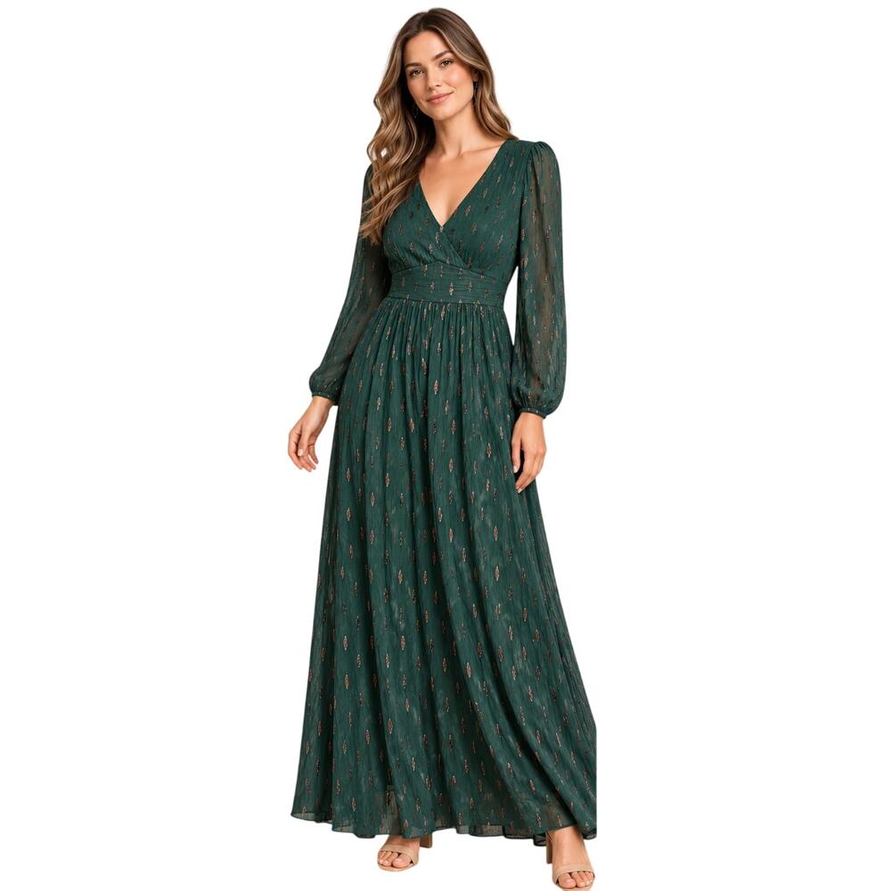 Modcloth An Enchanted Evening Maxi Dress, Pine Green & Gold Metallic, Large